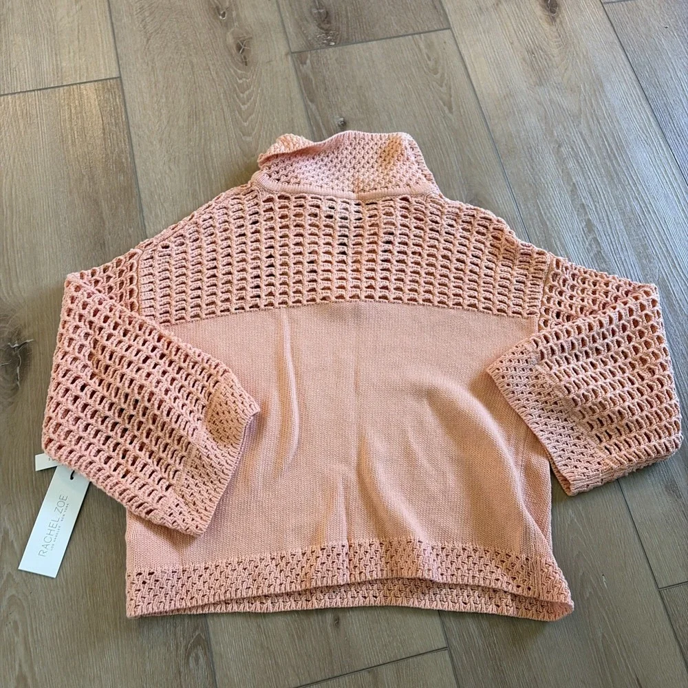 Rachel Zoe Peach Open-Knit V‑Neck Crochet Cropped Sweater Size Medium Cottage